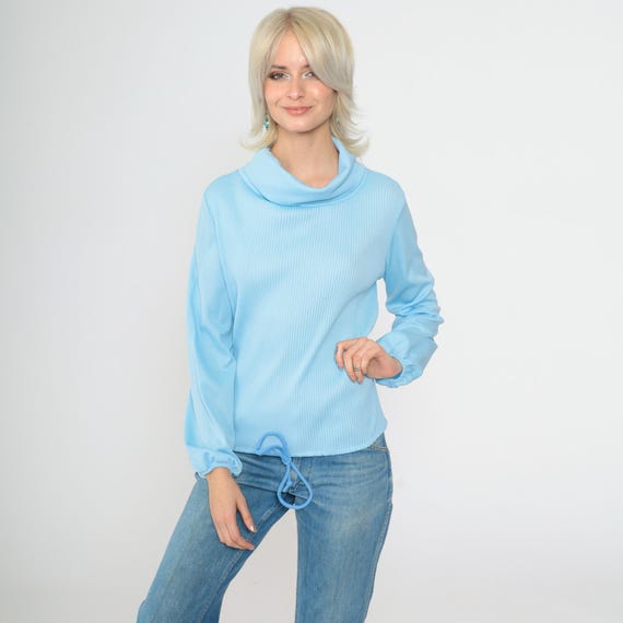 Vintage 70s Cowl Neck Top Baby Blue Blouse Mod Ribbed Drawstring Waist Party Top 1970s Long Sleeve Casual Chic Plain Slouchy Medium