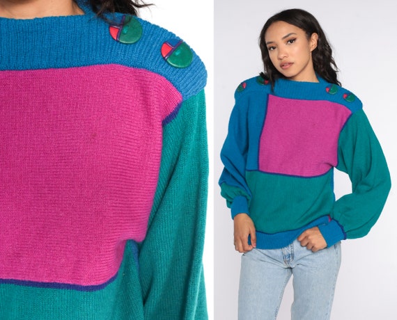 Color Block Sweater 80s Slouchy Fuchsia Blue Green Knit Pullover 1980s Vintage Retro Wool Blend Sweater Bright Medium