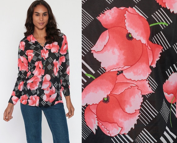 Sheer Floral Blouse 70s Poppy Shirt Boho Top Black Pink Button Up Shirt Boho Long Sleeve 1970s Vintage Disco Hippie Collared Party Small