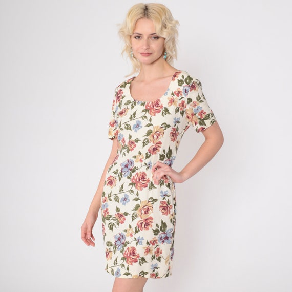 Floral Mini Dress 90s Pale Yellow Mini Dress 1990s Summer Flower Print Scoop Neck Vintage Minidress Sheath Short Sleeve Small 4