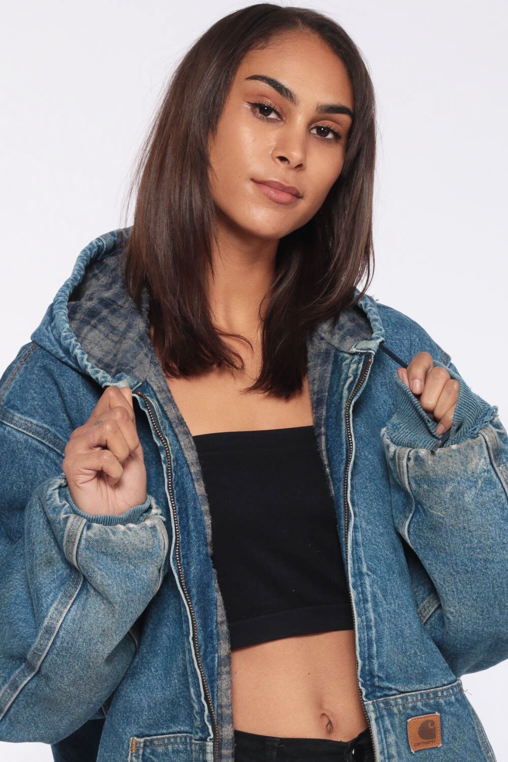 Carhartt Jacket Hooded Denim Jacket Grunge DISTRESSED Jean Jacket Hoodie Blue Cargo Kangaroo 