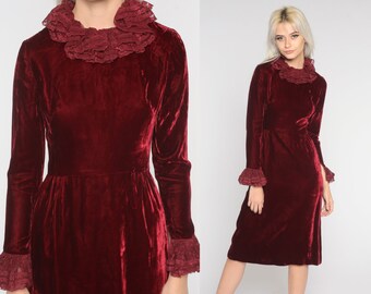 Velvet LACE Dress 60s Mod Dark Red Party Dress 1960s Gothic Dress Ruffle Vintage Long sleeve Pencil Cocktail Dress Formal Extra Small xs