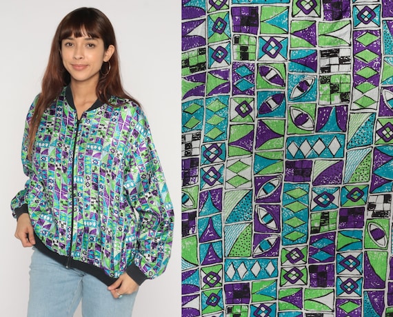 Geometric Jacket 90s Zip Up Bomber Retro Windbreaker Jacket Statement Print Streetwear Coat Blue Green Purple Vintage 1990s Mens Medium M