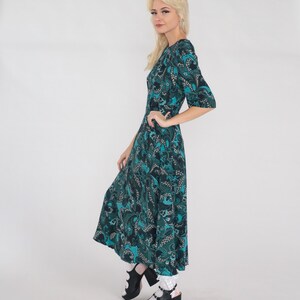 Indian Floral Dress 90s Blue Green Midi Dress Retro Summer Bohemian Batik Flower Print High Waist Short Sleeve Black Vintage 1990s Medium M image 4