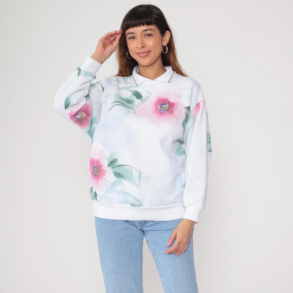 Watercolor Flower Sweatshirt 90s Collared Floral Sweater Wildflower Graphic Shirt Grandma Nerd White Collar Vintage 1990s Extra Large XL