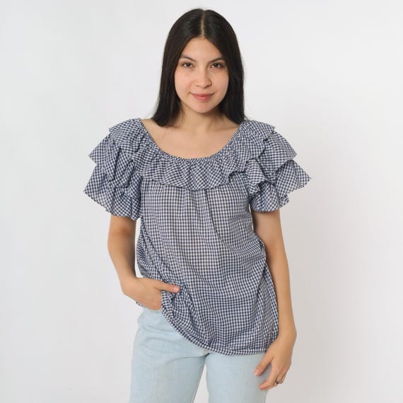 80s Gingham Square Dance Blouse Vintage Checkered Print Ruffled Sleeve Peasant Top Prairiecore Boho Retro Cottagecore Shirt 1980s Small S