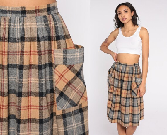Plaid Midi Skirt 70s 80s School Girl Skirt Wool Blend Pleated Tartan High Waist Pockets Boho Preppy Secretary Checkered Retro Vintage Small