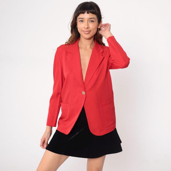 90s Red Blazer Single Button Long Sleeve Jacket Gold Button Power Dressing Old Money Tailored Vintage Coral Womens Office Work Small S