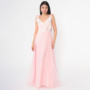 Robe formelle rose vintage des années 70 en mousseline de soie dentelle froncée épaule noeud jupe ample robe de bal sans manches col en V robe de bal soirée des années 1970 des années 1980 petit S