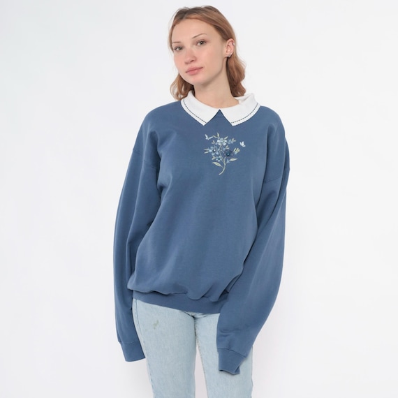 Butterfly Embroidered Sweatshirt 90s Floral Dusty Blue Peter Pan Collar Bird White Cotton Pullover Cottagecore Vintage Morning Sun Large L