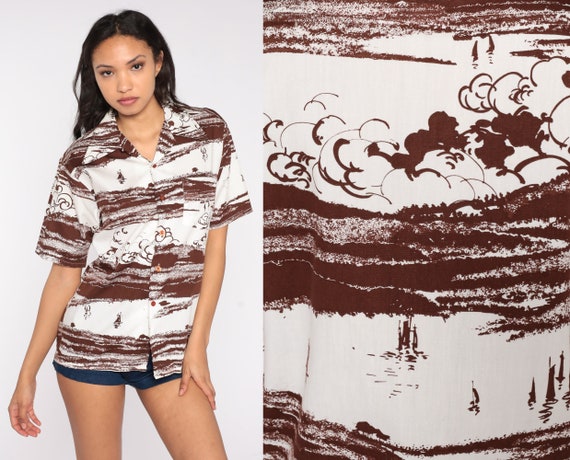 Nautical Sailboat Shirt 70s Boat Print Top Brown Disco Beach 1970s Button Up Novelty Vintage Sailor Short Sleeve White Medium 15