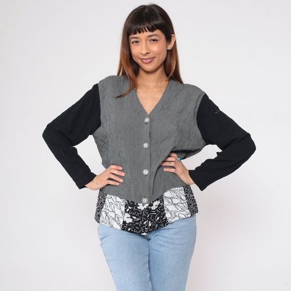 Black and White Blouse 90s Button up Shirt Checkered Abstract Floral Print Top Long Sleeve V Neck Boho Hippie Bohemian Vintage 1990s Small S