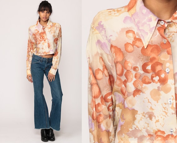 Floral Shirt Button Up Blouse 70s Boho Crop Top WATERCOLOR Print Disco Top Hippie Long Sleeve 1970s Bohemian Vintage Retro Medium Large