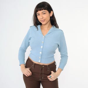 60s Cropped Cardigan Light Blue Wool Blend Button Up Knit Sweater Long Sleeve Basic Plain Preppy Sixties Top Vintage 1960s Small xs