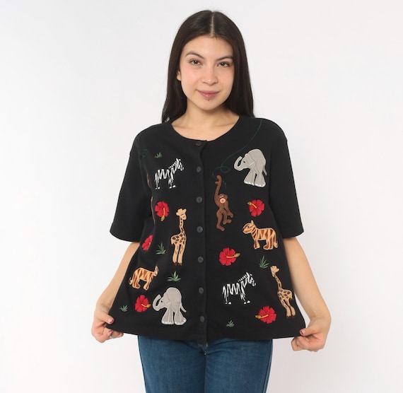 Safari Animal Applique Cardigan Black Cotton Button Front Elephant Zebra Giraffe Monkey Embroidered Jungle Top Short Sleeve 2000s Large L