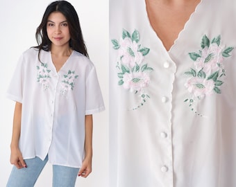 White Embroidered Blouse 90s Floral Scalloped Top Button Up Shirt Short Sleeve Party V Neck Vintage 1990s Oversized Large L