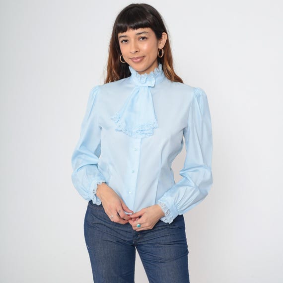 Baby Blue Ruffle Shirt 70s Tuxedo Button Up Jabot Collar Blouse Lace Secretary Shirt Victorian Long Puff Sleeve Top Vintage Ascot Medium M
