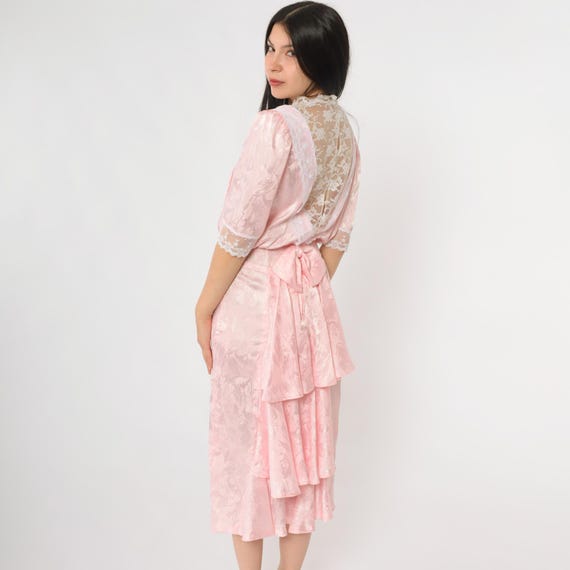 Pink Lace Dress Midi 80s Coquette Puff Sleeve V-Neck Sheer Romantic Tiered Ruffle Feminine Dainty Princess Dreamy Floral Soft Extra Small XS