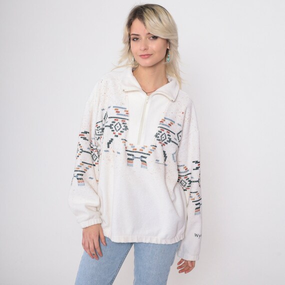 Southwest Fleece Sweater 90s Wyoming Southwestern Sweatshirt White Aztec Jacket Quarter Zip Pullover Boho Vintage Oversized Large