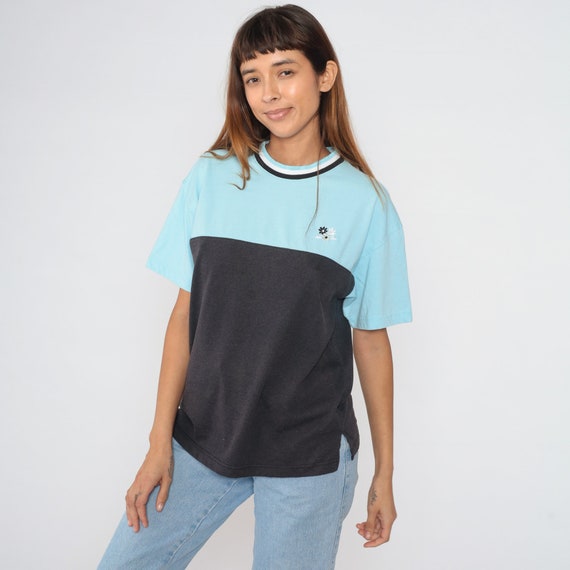 Floral Embroidered T-Shirt 90s Blue Black Colorblock Shirt Color Block TShirt Retro Flower Ringer Tee Basic Streetwear Vintage 1990s Medium