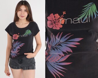 Maui Shirt Y2K Hawaii T-Shirt Tropical Floral Top Hibiscus Flower Leaf Graphic Tee Tourist Travel Black Vintage Crazy Shirts 00s Medium M