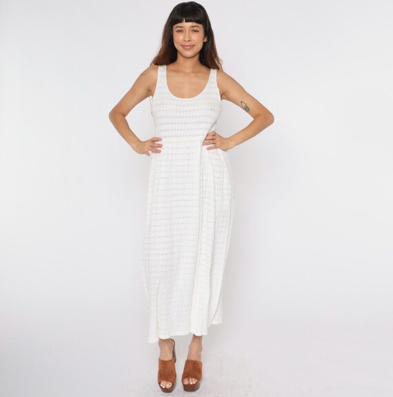 Vintage White Cutout Dress 90s Maxi Dress Cutwork Scoop Neck Cut Out Sleeveless High Waist Summer Sundress Beachy Hippie Day 1990s Medium