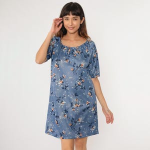 70s Mini Dress Blue Floral Print Keyhole Neck Shift Hippie Boho Cutout Wildflower Minidress Short Sleeve Vintage 1970s Bohemian Medium Large