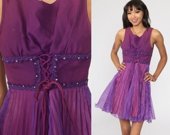 Babydoll Mini Dress 60s Mini Mod Purple Pleated Lace Up Corset Dress 70s Boho Empire Waist Party Vintage Bohemian Sleeveless Extra Small xs
