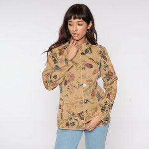 Floral Tapestry Jacket Tan Boho Y2K Hippie Garden Shirt Bohemian Toggle Button Up Mandarin Collar Retro Light Jacket Extra Small XS image 2