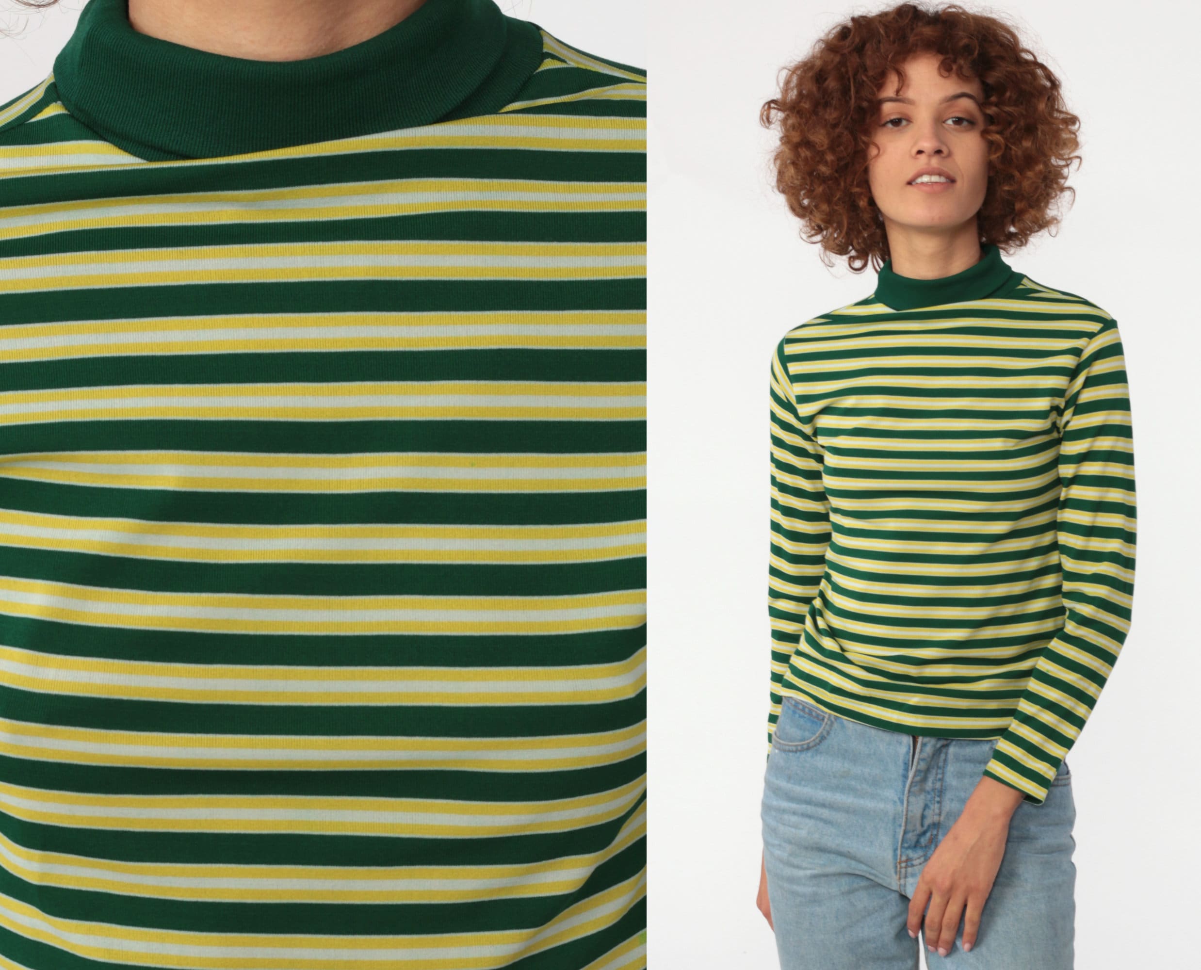 Green STRIPED Shirt 80s Turtleneck 