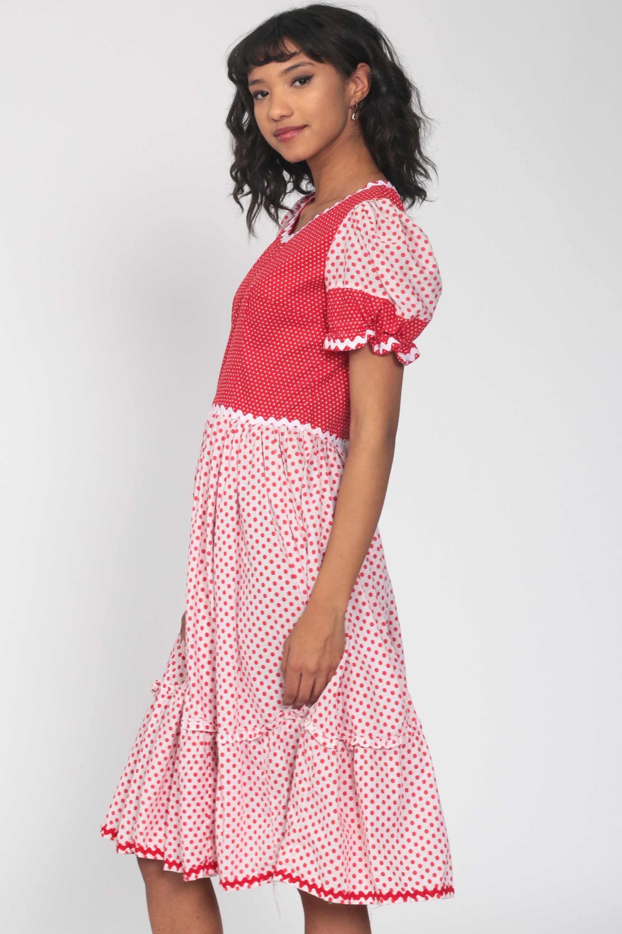 Red Peasant Dress Polka Dot Dress Cottagecore Country Dance Dress 70s Puff Sleeve Dress Midi 