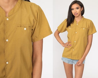 Mustard Blouse Plain Top Button Up Shirt 80s Boho Hippie Mandarin Collar Top Vintage 1980s Short Sleeve Small S