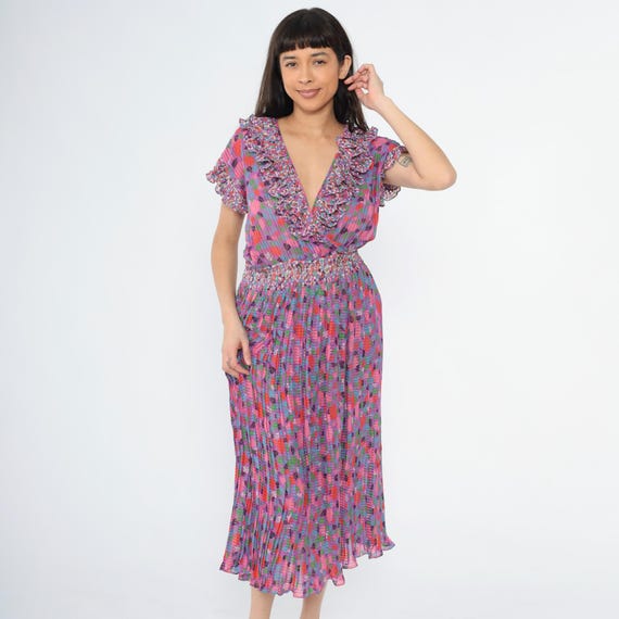 Vintage 80s Diane Freis Dress Floral Ruffle Deep V Neckline Purple Pink Pleated Elastic Waist 1980s Designer Cap Sleeve Small Medium