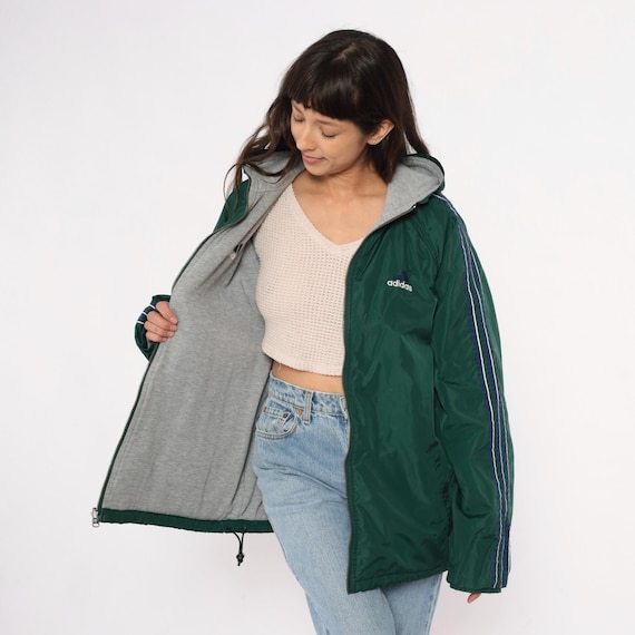Adidas Reversible Hoodie Y2K Green Grey Windbreaker Jacket Athletic Streetwear Gorpcore Track Vintage Hooded Coat Sportswear Large L