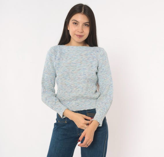 70s Speckled Knit Sweater Powder Blue Multicolor Flecked Pullover Boat Neck Cropped Waffle Sky Pastel Vintage Long Sleeve Fitted Small S