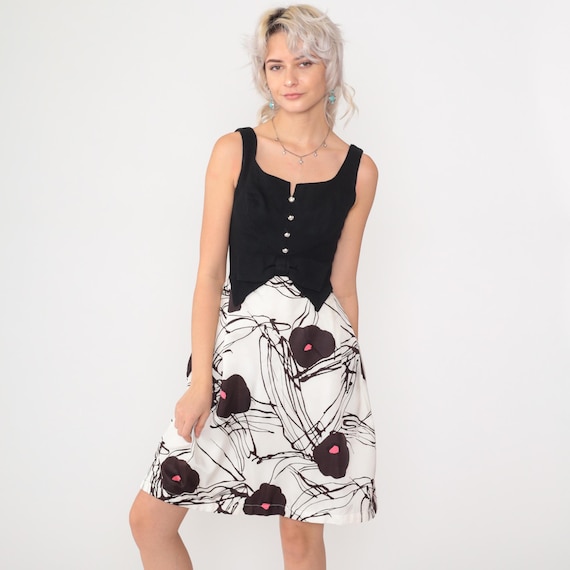 60s Floral Party Dress Vintage Black White Bow Mod Mini Sleeveless High Waisted A-Line Fit and Flare Retro Sixties 1960s Extra Small xs