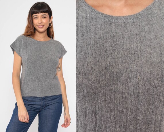 Grey Sweater Top 80s Cap Sleeve Ribbed Lambswool … - image 1