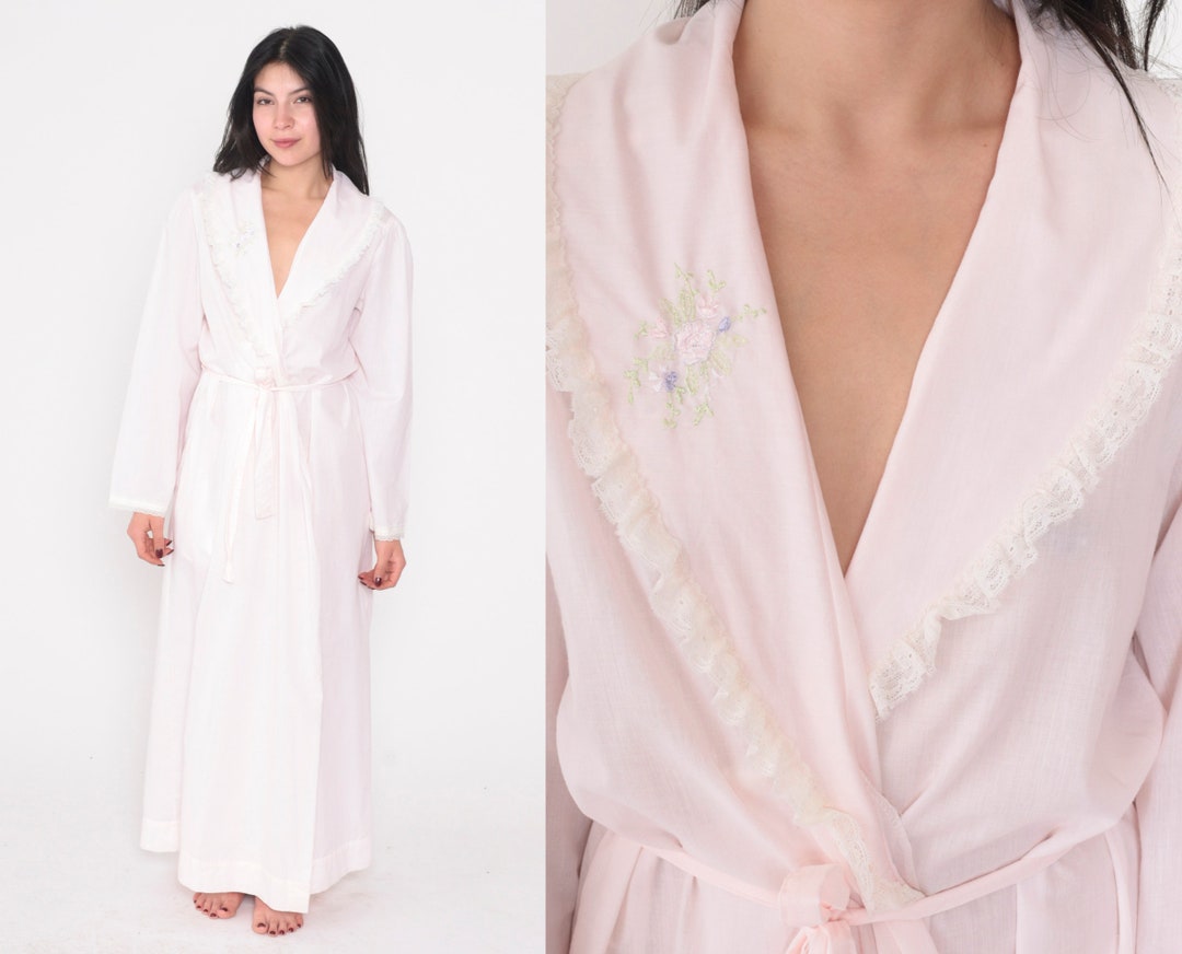 Long Pink Robe 70s Lewis Frimel Lingerie Jacket Maxi Lace Floral Embroidered Peignoir Long