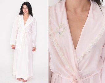 Long Pink Robe 70s Lewis Frimel Lingerie Jacket Maxi Lace Floral Embroidered Peignoir Long Sleeve Tie Front 1970s Vintage Small Medium Large