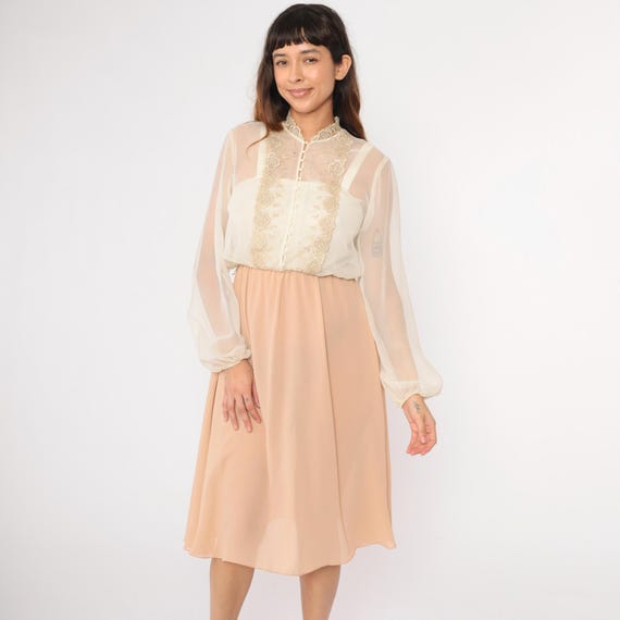 70s Party Dress Sheer Chiffon Gold Lace Pearl Button Up Cocktail Boho Glam Vintage 1970s High Waist White Blush Mandarin Collar Small