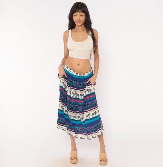 Zebra Print Midi Skirt 90s African Safari Animal Striped Colorful Teal Magenta Floral Tropical Elastic Waist Sharon Anthony Plus Size 2X