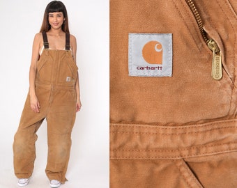 Insulated Carhartt Overalls 90s Brown Coveralls Cargo Double Front Dungarees Work Pants Utility Quilted Lined Vintage 1990s Men's 36 x 30