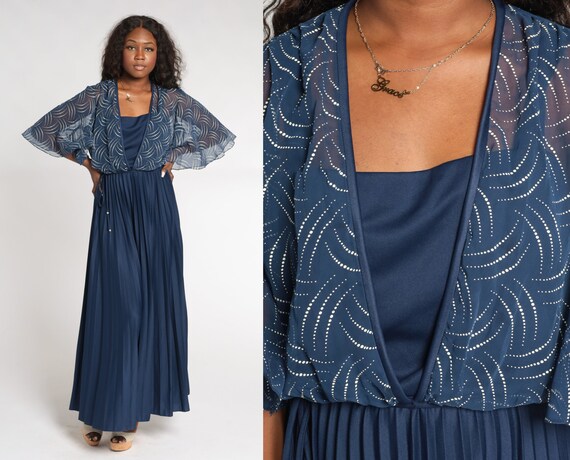 Navy Blue Gown 70s Party Dress Grecian Maxi Pleated Sheer Flutter Sleeve  Long Capelet Gown Formal Full Length Vintage 1970s Medium Large - Etsy New  Zealand