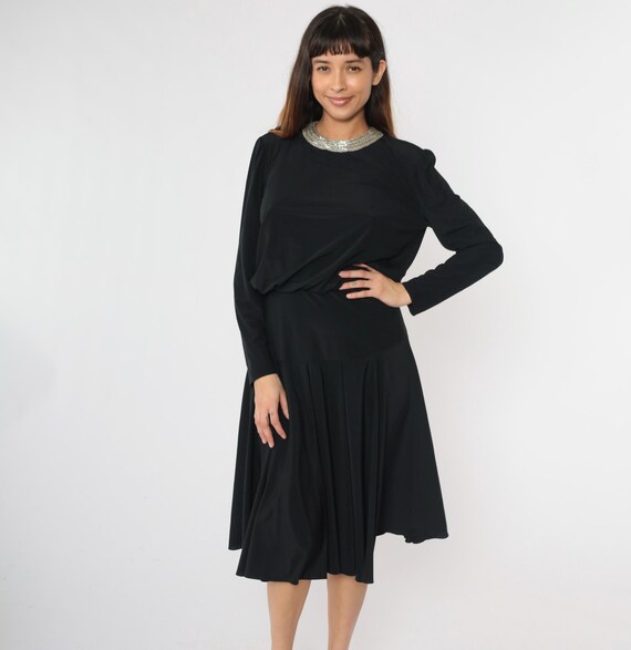 Vintage Black Party Dress Silver Beaded Collar 80s Blouson Bodice Drop Waist Midi Dress 1980s Long sleeve Formal Evening Medium 8