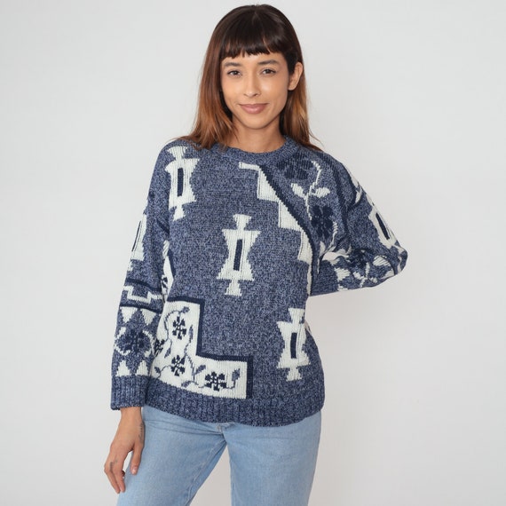 Geometric Floral Sweater 90s Blue Flecked Knit Pullover Sweater White Southwestern Flower Print Boho Grunge Acrylic Vintage 1990s Small S
