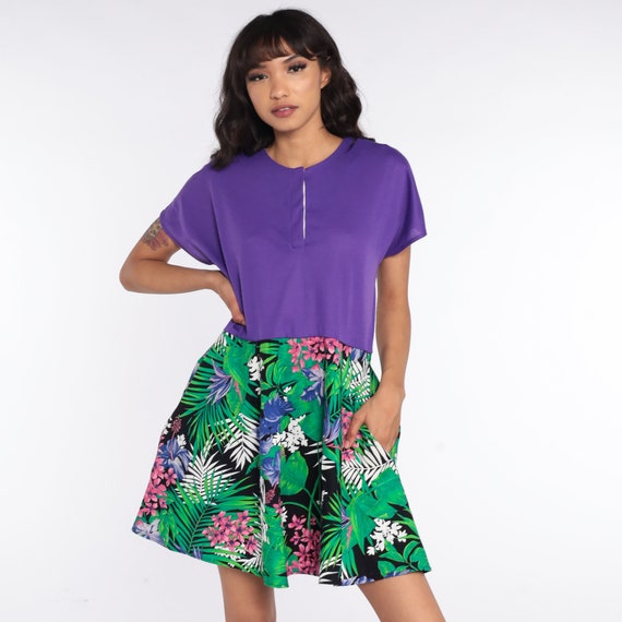 Tropical Floral Dress 80s Mini Summer High Waisted Purple Bohemian Cap Sleeve Jungle Dress Vintage 1980s Green Medium