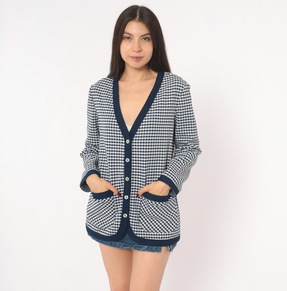 Houndstooth Cardigan 70s Navy White Check Knit Button Front Winter Preppy Academic Plaid Pocket Long Sleeve Dark Academia Vintage Medium M