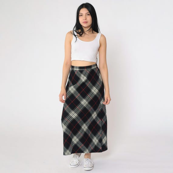 90s Plaid Maxi Skirt Vintage Black White Red Straight Dark Academia Skirt High Waist Grunge Preppy 1990s Extra Large 12