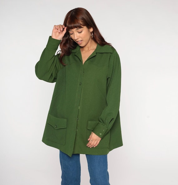 70s Jacket Dark Green Over Shirt Retro Plain Button Up Long Raglan Sleeve Polyester Knit Jacket Hipster Collar Vintage 1970s Retro Large L