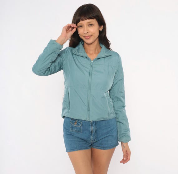 2000s Banana Republic Puffer Zip Front Windbreaker Blue Teal Insulated Cropped Coat Gorpcore Outdoor Lightweight Jacket Women Extra Small XS